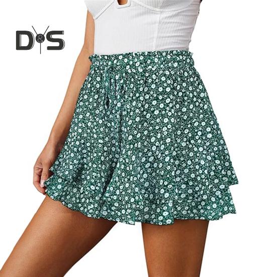 Женские шорты с высокой талией, мини-юбка с оборками, эластичный пояс на шнурке, струящиеся летние шорты из шифона в стиле бохо с цветочным принтом