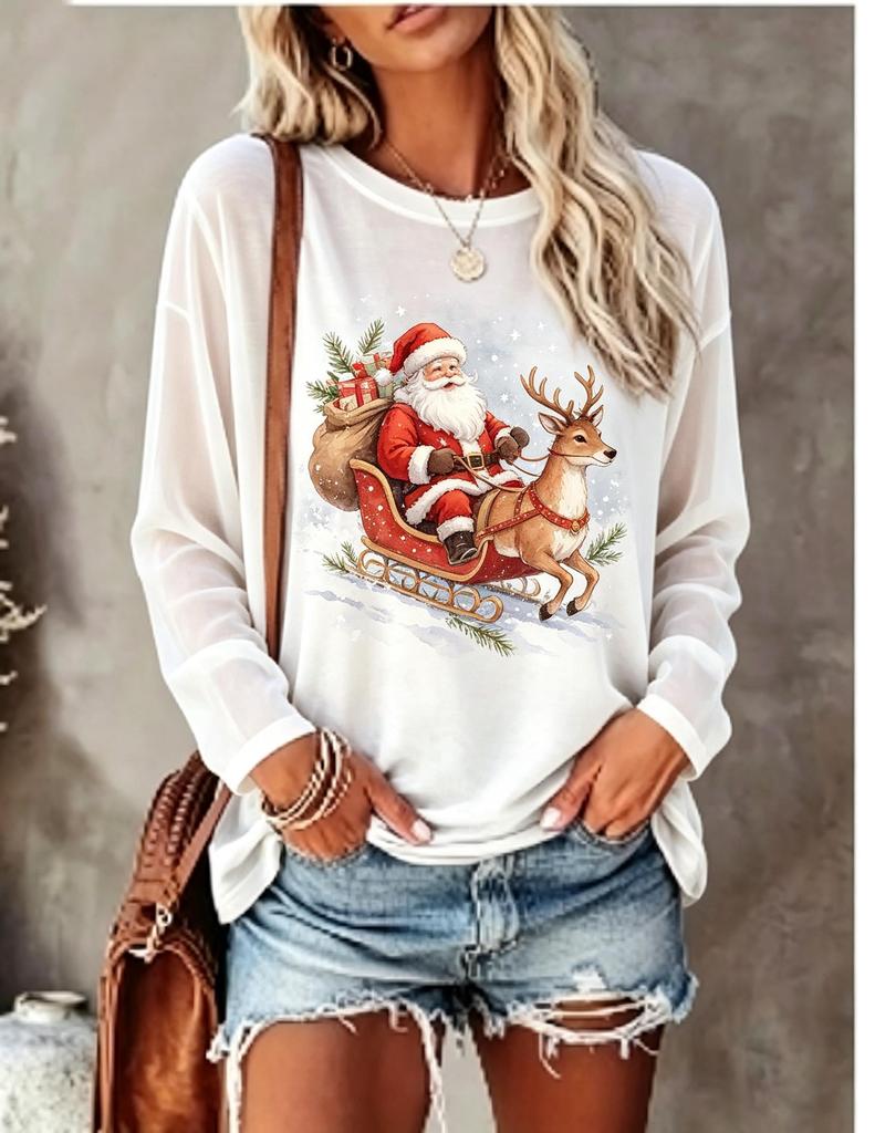 Women Long Sleeve T Shirt Santa Claus Sleigh Reindeer Snow Christmas Print Crew Neck Casual Fall Tops