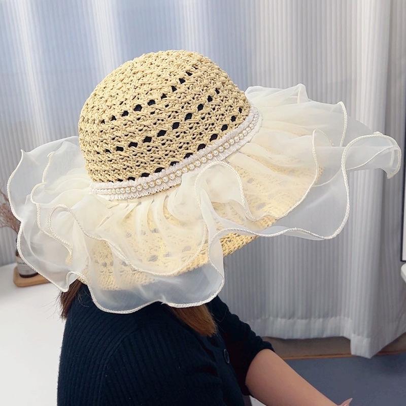 Sun Hat Children Summer Straw Big Brim Breathable Pearl Straw Hat Beach Vacation Sunshade Sunscreen Hat Tide