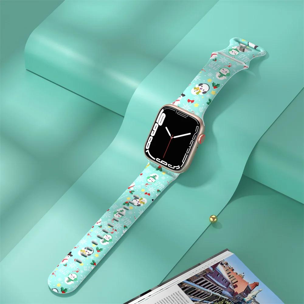Для рождественских ремешков для Apple Watch ремешок 44 мм Ultra 2 49 мм 40 мм женский силиконовый браслет с принтом iWatch Series 9 8 7 6 5 SE 41/45 мм