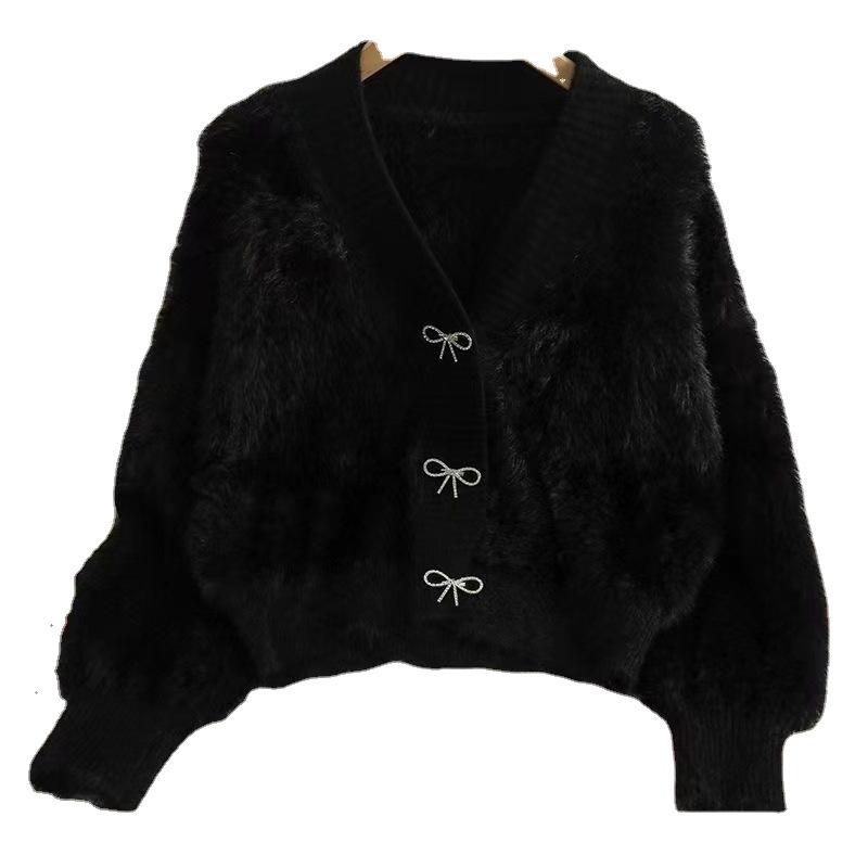 Высококачественное пальто-свитер из розового норкового бархата для женщин, новинка осени и зимы, толстый, свободный, элегантный вязаный кардиган с V-образным вырезом