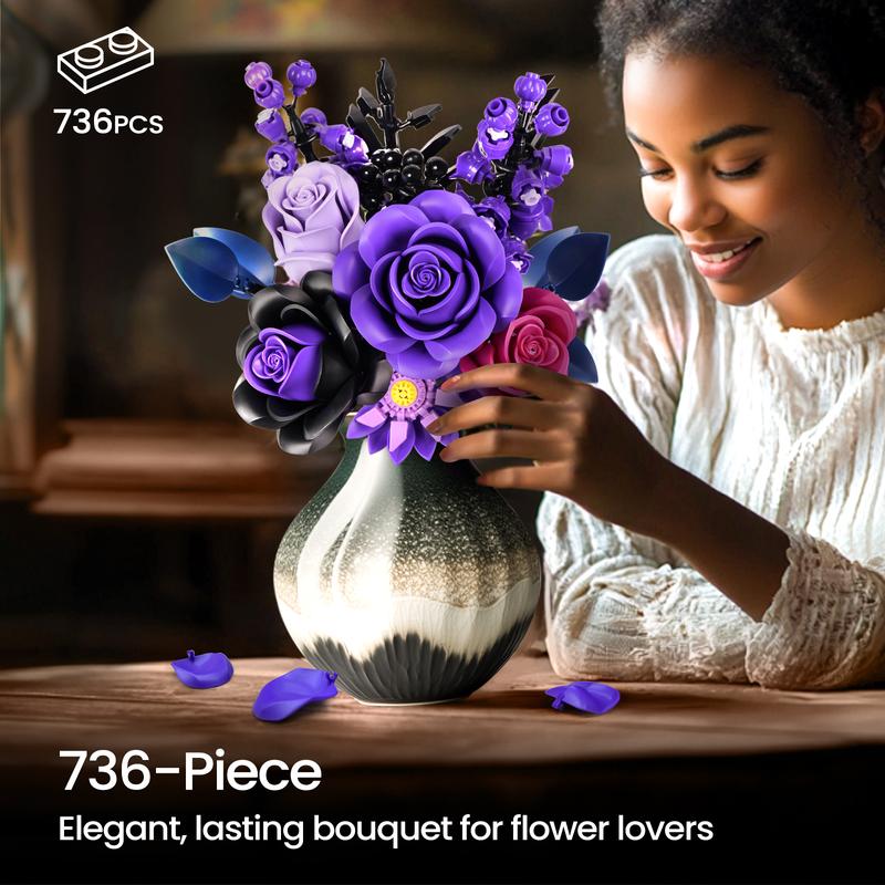 Набор для сборки букета фиолетовых роз, набор ботанических блоков для взрослых и женщин, элегантные готические искусственные цветы для домашнего декора, идеально подходит для