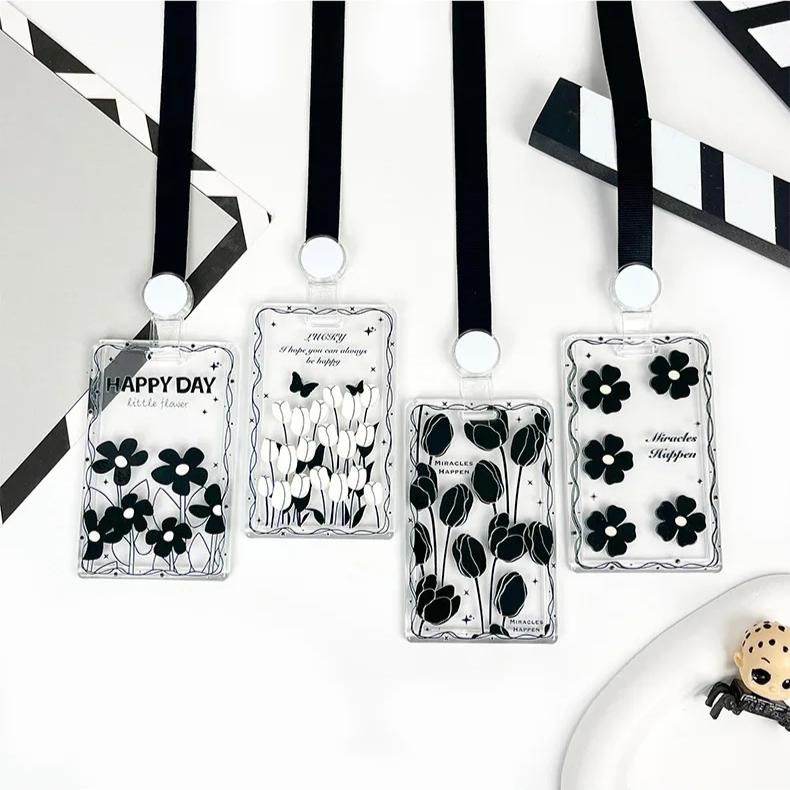 Чехол для карт с черным цветком, прозрачный держатель для студенческой карты, чехол для карты контроля доступа, чехол для карты на пружине, держатель для удостоверения личности