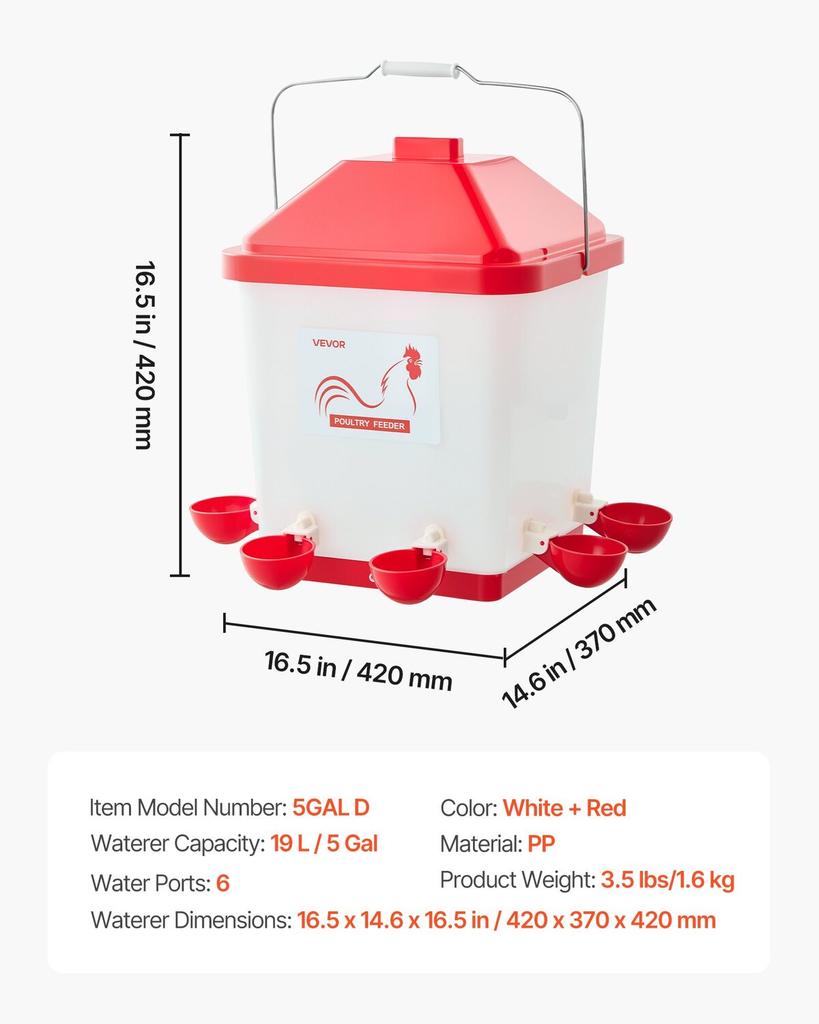 19L Automatic Chicken Waterer, 6 Water Ports, Automatic-Fill Water Cup, Automatic Gravity Waterer with Convenient Handle Sealed Rubber Ring,