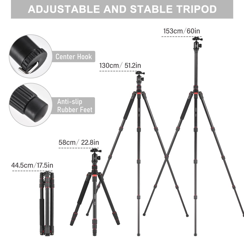 Andoer 153cm/60in Portable Camera Tripod Stand Aluminum Alloy with Detachable Monopod 360 Degrees Rotatable