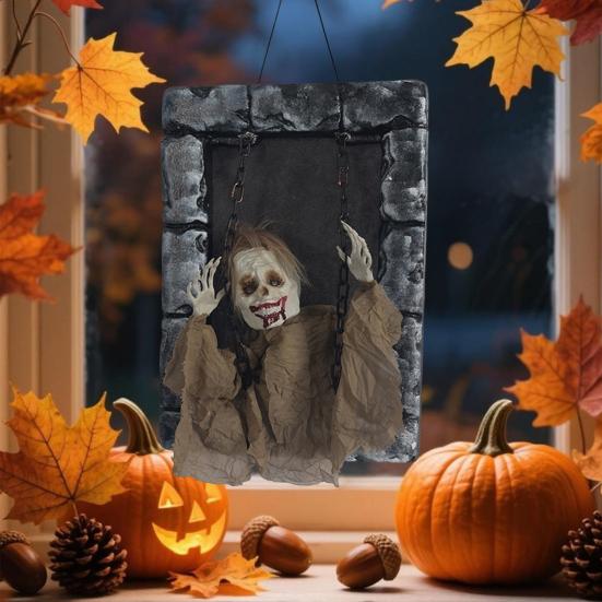 Animated Halloween Decoration Hanging Skull/Ghost/Pumpkin Man Prisoner with Light-up Eyes And Spooky Sounds for Home Porch Party Haunted House Decor