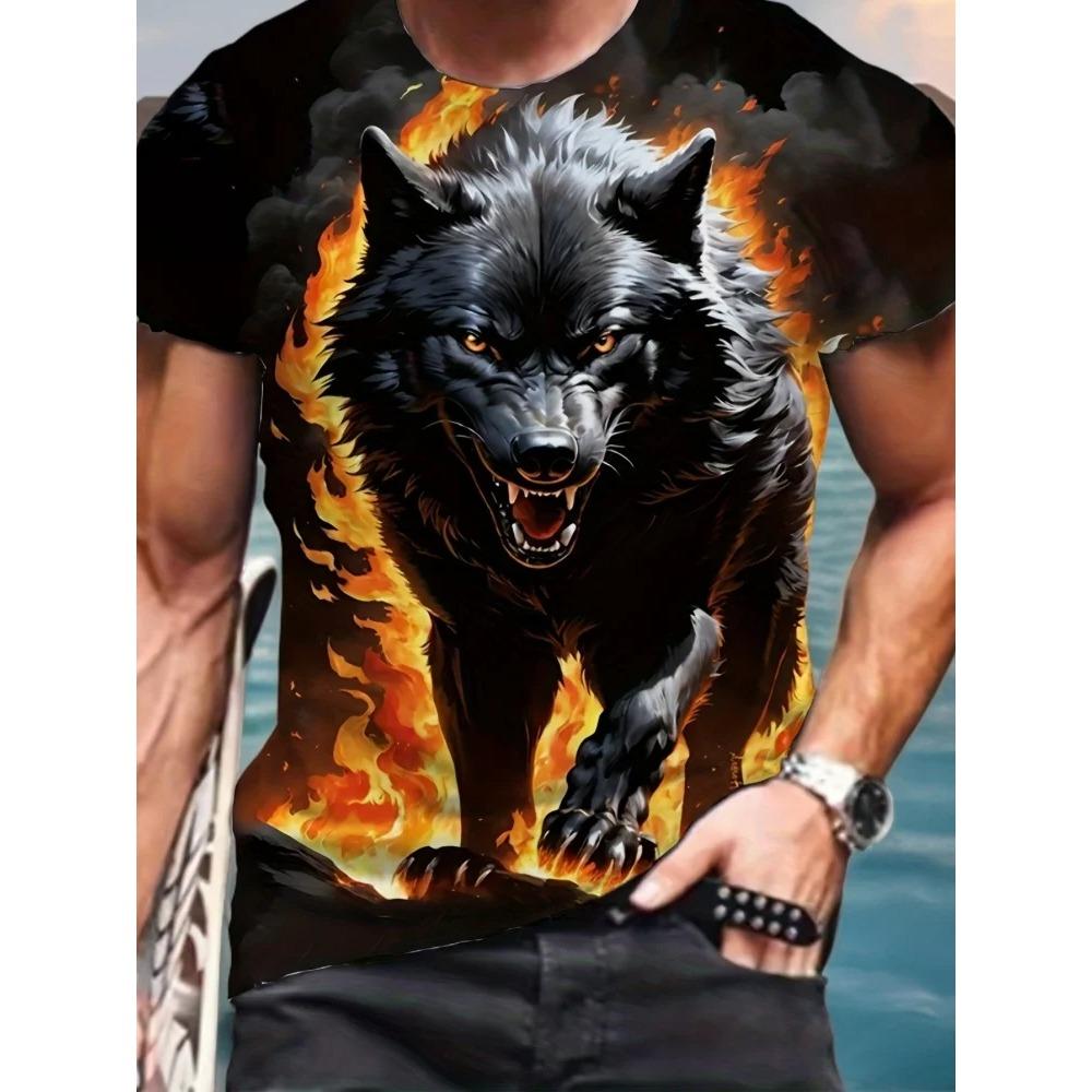Men 3D Pattern Fire Wolf Graphic Print T-Shirt Summer Oversized Causal T-Shiet Men's Fashion Fitness Short Sleeve Clothing Tops