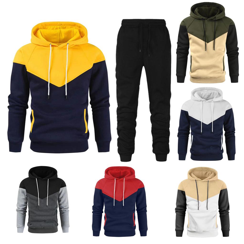 Autumn 2024 New Yellow Sportswear Tracksuits Men's Casual Plushed Warm Hoodie Set Color Matching Brand 2 Piece Set