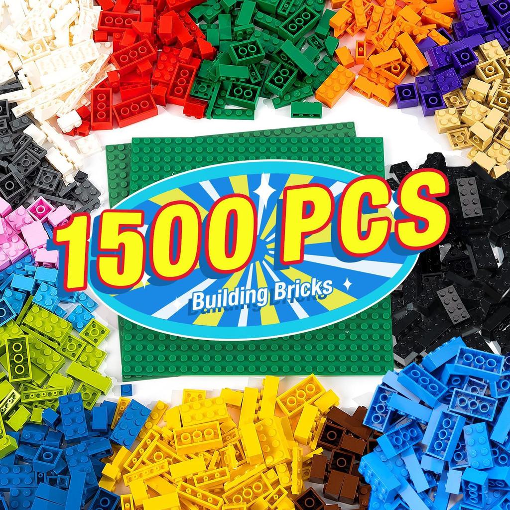 1500-Piece Classic Building Block Set with 2 Green Baseplates, 14 Colors, 15 Shapes, Compatible with Building Blocks