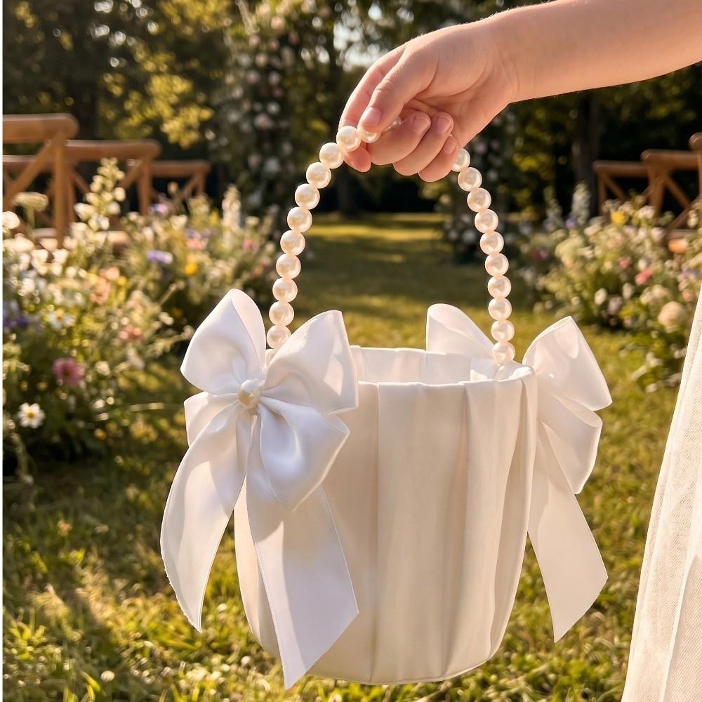 Satin White Wedding Flower Basket Rustic Bowknot Flower Girl Basket Floral Petals