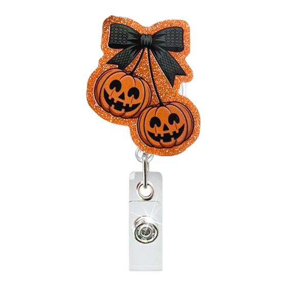 Office Badge Clip Retractable Holder, Halloween Glitter Acrylic Reel, Cute Ghost Reel Pumpkin ID Card Holder for Nurse Doctor Teacher Worker