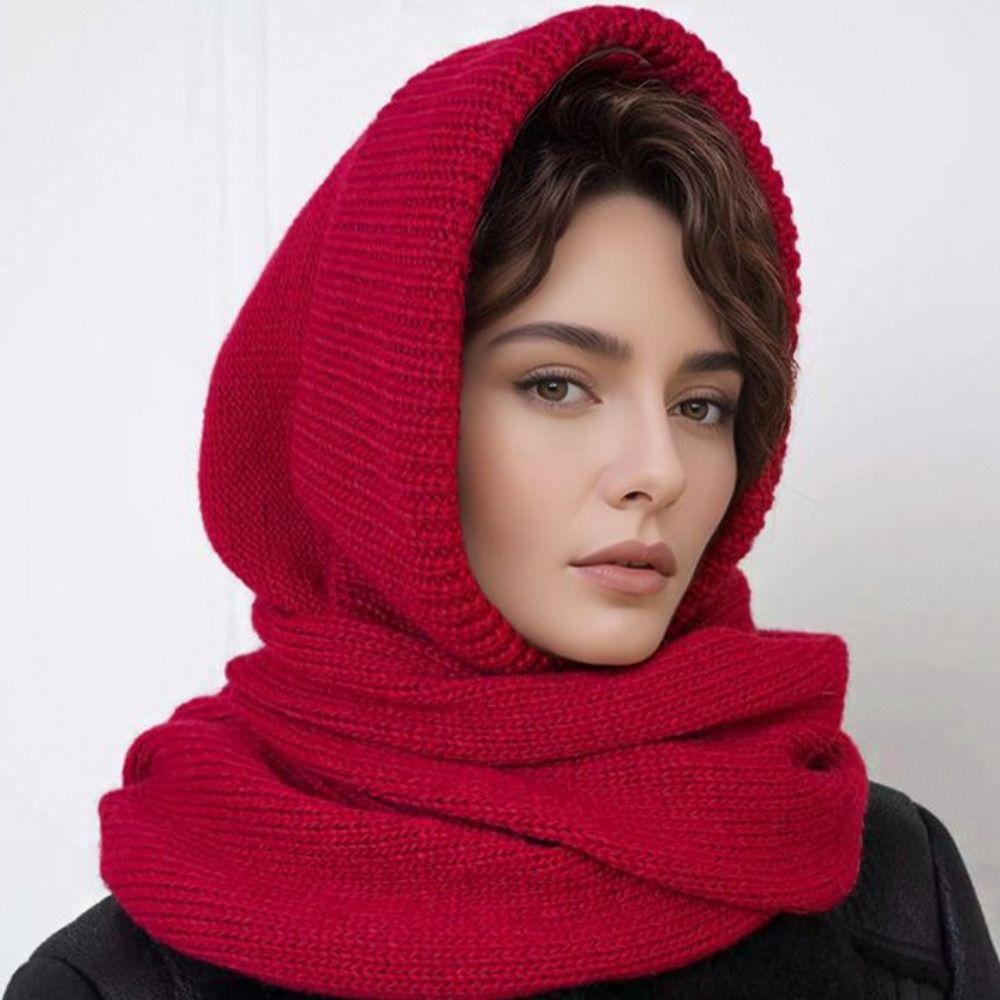Beanie Knitted Balaclava Hat Solid Color Cross Hooded Cap Cute Hat and Scarf 2-in-1 Winter/Autumn