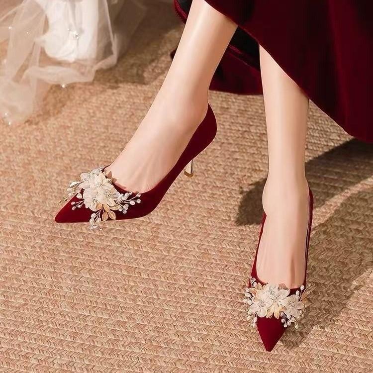Fashion Classic Pumps Female Wedding Party Slip On Thin High Heels Pointed Toe Women Shoes Flower Crystal Bling Summer Shoes