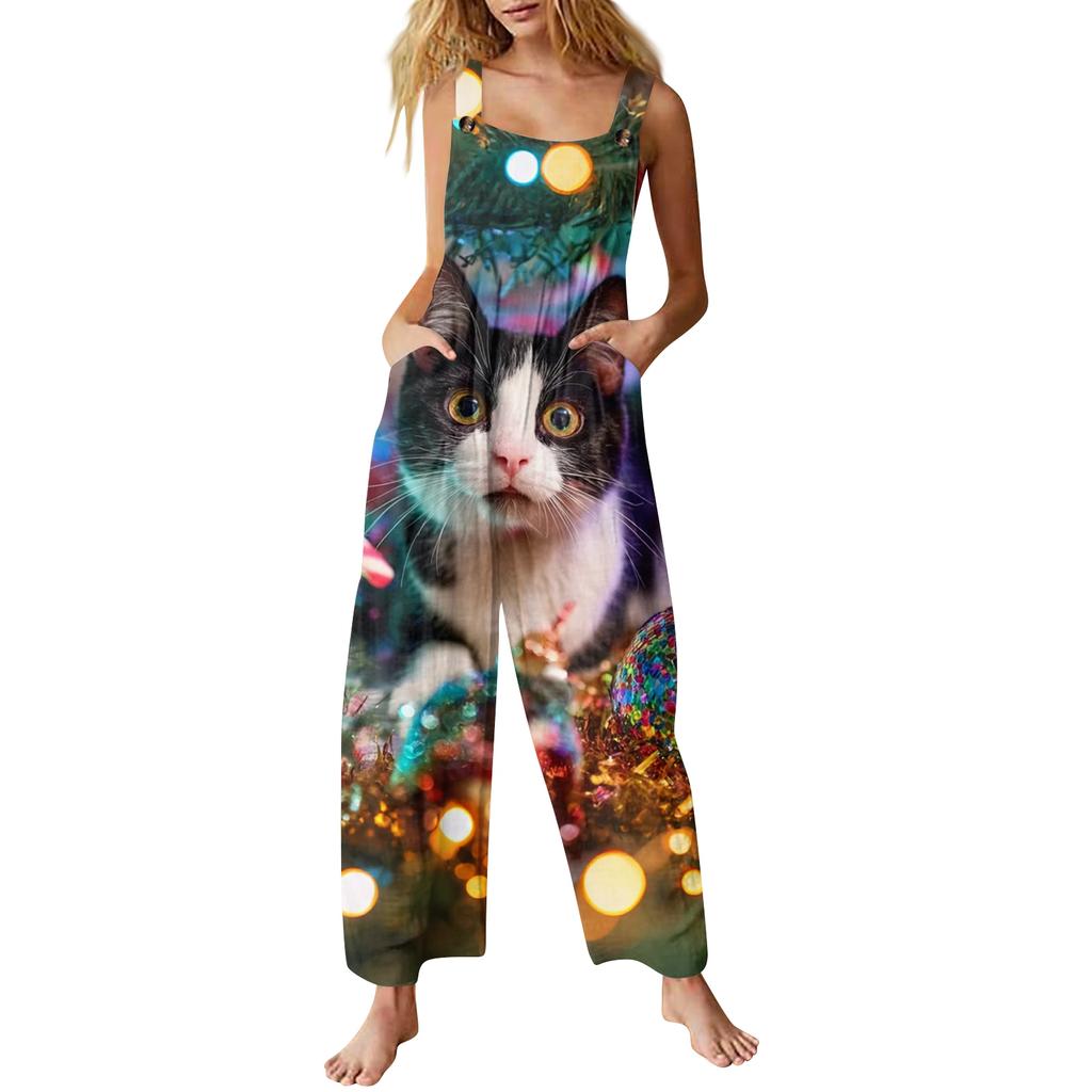 Женский повседневный комбинезон с рождественским принтом, хлопковый комбинезон без рукавов с принтом
