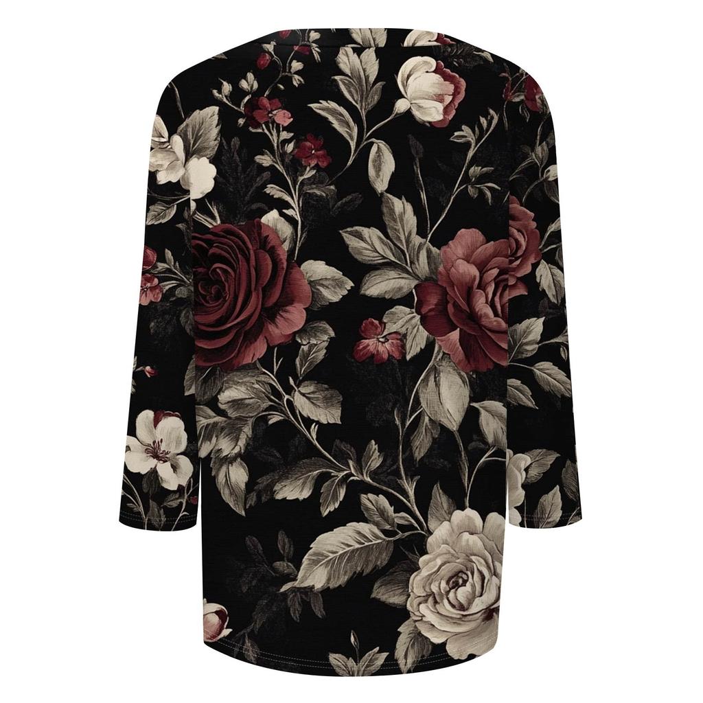 Женские топы, рубашка с рукавом три четверти, свободная повседневная рубашка с V-образным вырезом, футболка с цветочным принтом