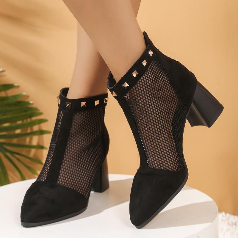 Studded Spliced Block Heel Sandals Summer New Spliced Mesh Cutout Breathable Rear Zipper Non-Slip Heels