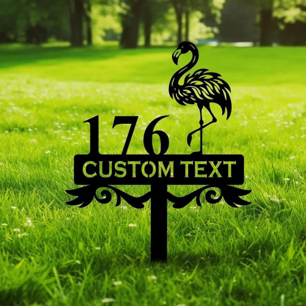 Metal Flamingo Address Sign, Beach House Number Stake, Tropical Garden Plaque, Personalized Outdoor Metal Decor