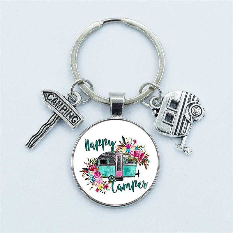 Cute Camper Wagon Keychain, I Love Camping Keychain, Trailer Signpost Keychain, Vacation Travel Memorial Jewelry Gifts