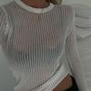 Women Round Neck Long SleeveWhite Elegant Striped See Through Outfits T-Shirts Tees Skinny Club Tops
