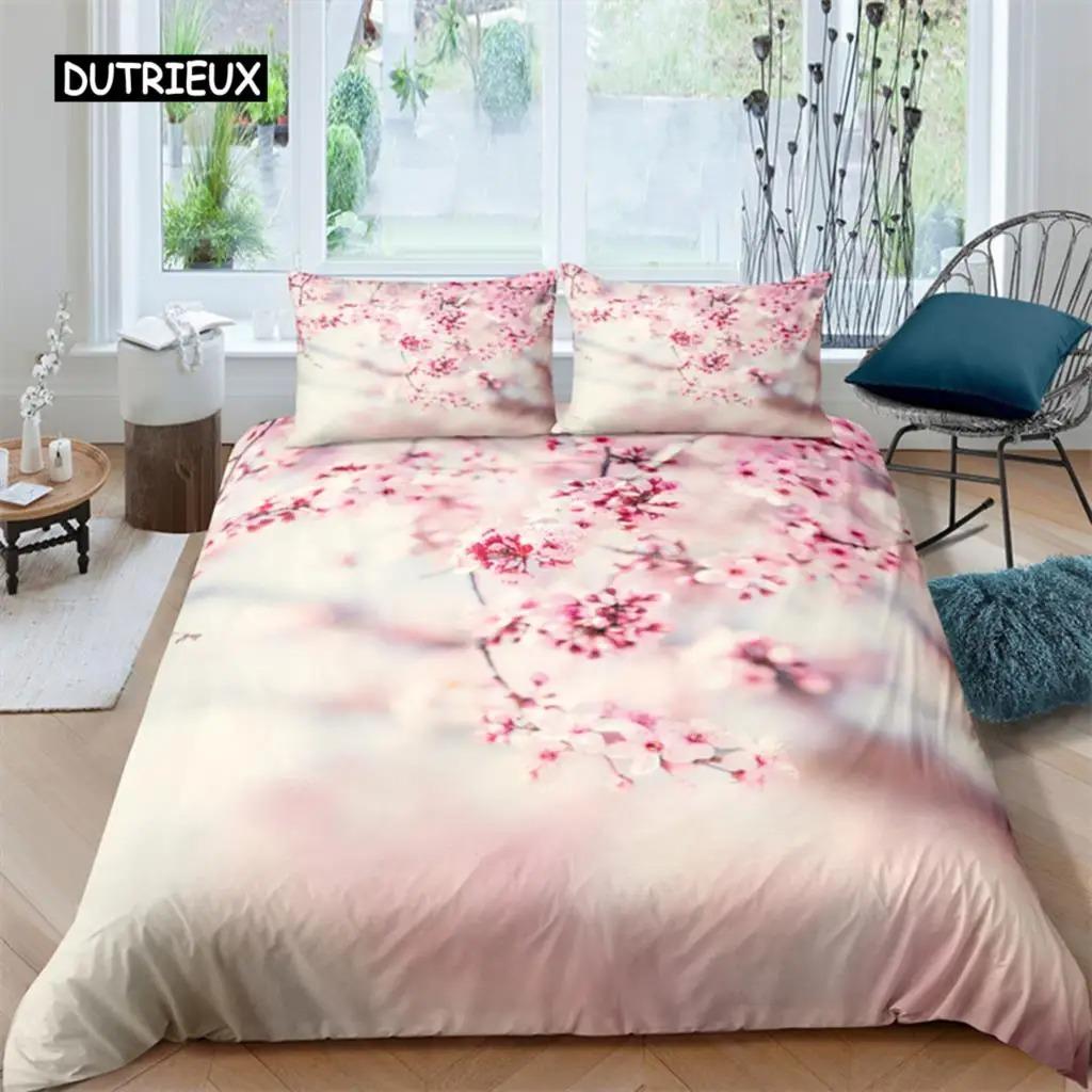 Plum Blossom Duvet Cover Collection King Pink Flower Quilt Cover For Girls Microfiber Branches Printed Bedding Collection