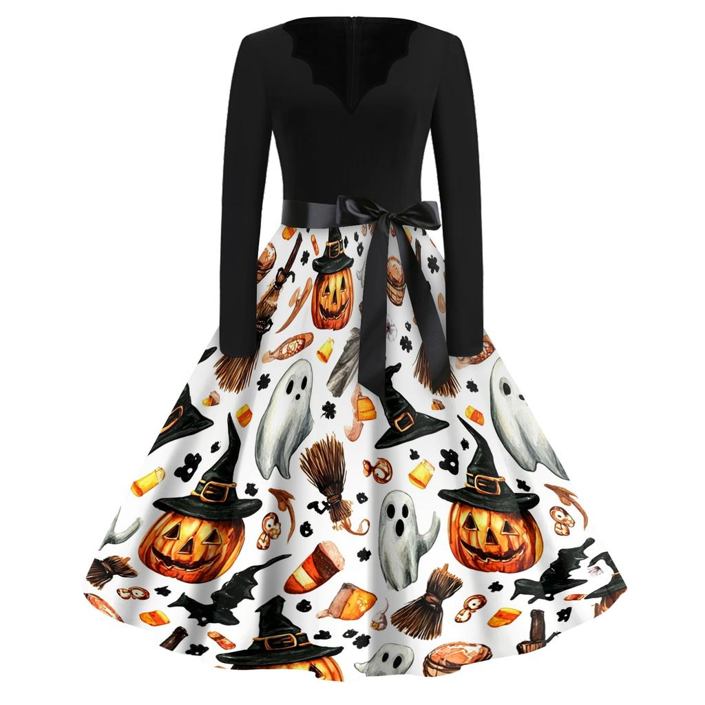 Women's Casual Vintage Halloween Dress V Neck Long Sleeve Bat Print A Line Skirt Retro Style Belted Waist Swing Dress
