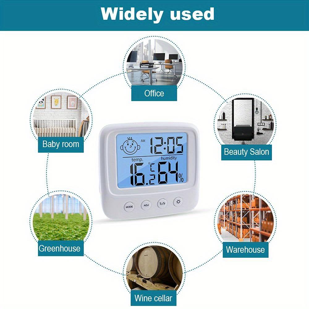 Indoor thermometer and hygrometer with clock, digital temperature and humidity monitor, backlit, Celsius/Fahrenheit display, battery powered.