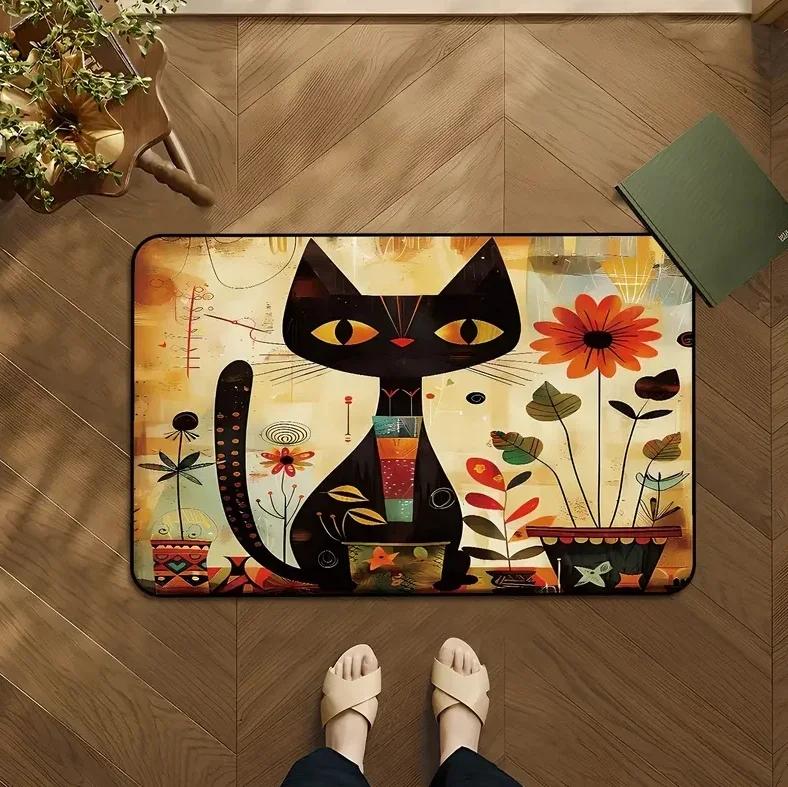 Cute Cat Pattern Door Mat "Goodbye" and "Hello!" Welcome Floor Mat Perfect Entrance Living Room Kitchen Door Mats Decoration