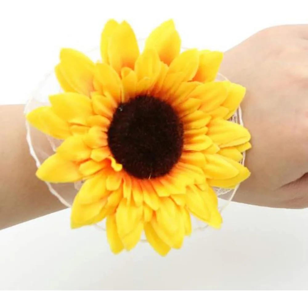 Patiky Wrist Flower, Wrist Corsage Hand Flowers Decor for Wedding Bridal Prom Party Accessories PS05 (Sunflower Corsage)