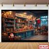 The background of the Christmas scene is the workshop of Santa Claus, with decorated trees and ornaments.