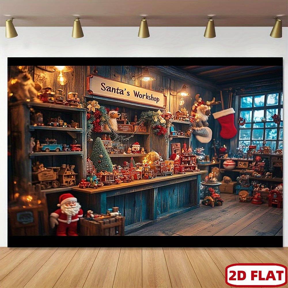 The background of the Christmas scene is the workshop of Santa Claus, with decorated trees and ornaments.