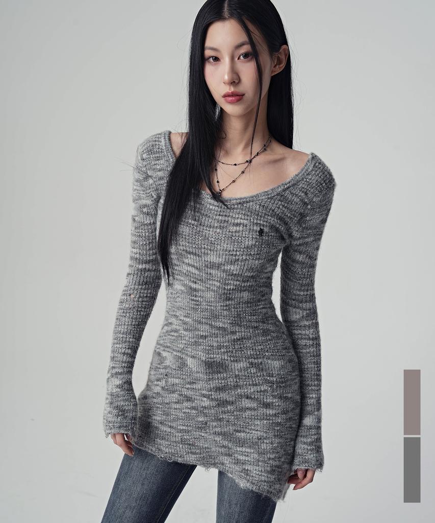 AVANDRESS Multi Damage Scoop Long Knit_2Colors
