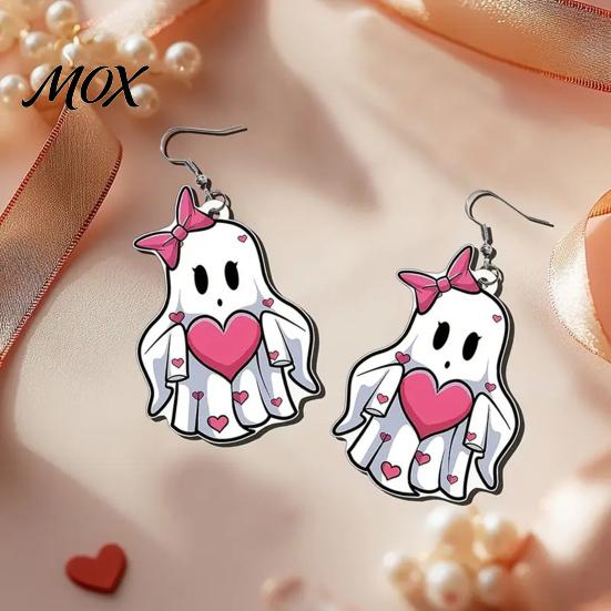 Drop Earrings Pink Heart Ghost Earrings, Cute with Bow Lightweight Acrylic Halloween for Girls Women Durable