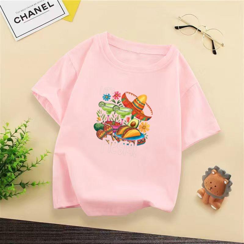 Cartoon Painted Mexico May 5th Festival Childrens Tshirt Ethnic Style Casual Short Sleeved Tshirt for Boys and Girls