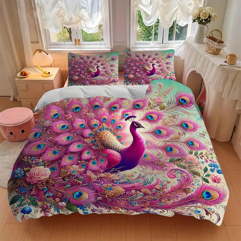 3pcs Pink Peacock with Open Tail Printed Quilt Set - Soft and Comfortable Quilt Cover for Bedroom, Guest Room and Dormitory