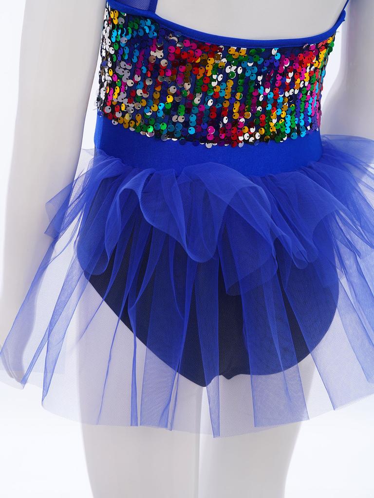 Girls Latin Dance Dress Sleeveless Cutout Back Tassels Shiny Sequins Color Block Performance Costume