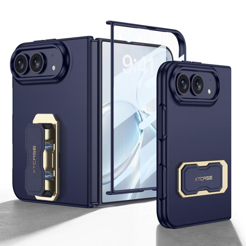 For iPhone Duo Case Ultra Slim Wrist Strap Rotating Kickstand Case & Film Shockproof Foldable Cover