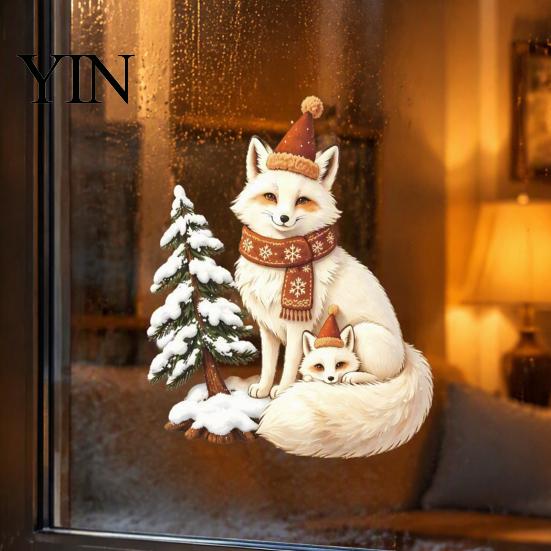 Winter Holiday Decorations Christmas Fox Window Clings, Forest Animal Double-Side Sticker, Decorative Fridge Decals Cute Reusable Static Glass