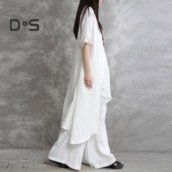 2Pcs/Set Cotton Linen Tops Pants Set O-neck Half Sleeve Irregular Hem Tops High Waist Long Pants Set Solid Color Casual Outfit