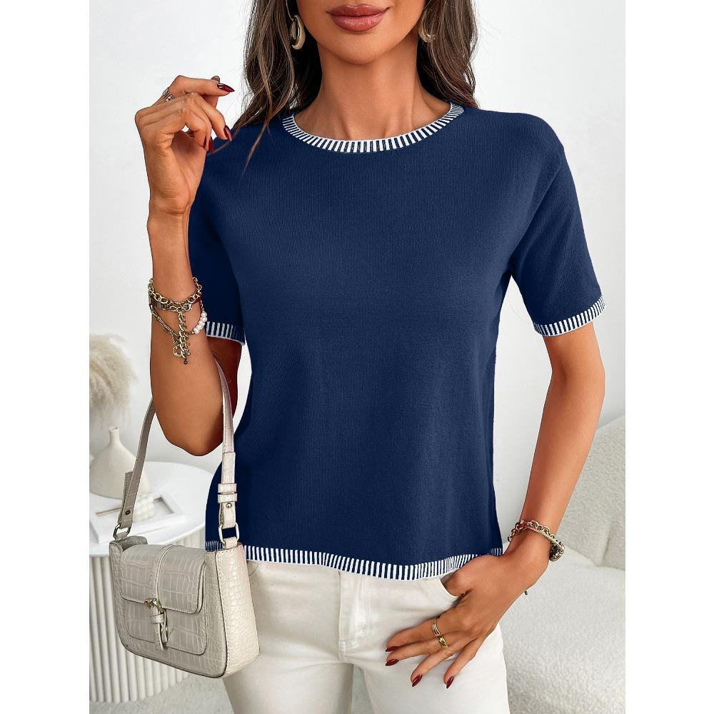 Летний новый женский свитер с круглым вырезом и короткими рукавами, полосатый вязаный свитер