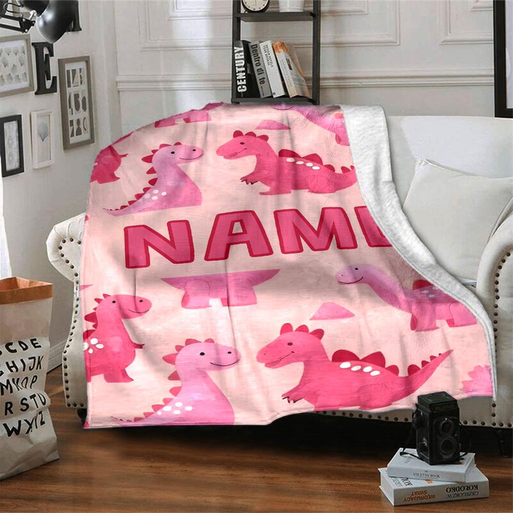 Pink Dinosaur Pattern With Throw Customizable Blanket Customize Text Warmthful Decor Throw For Sofa Couch Office Bed Picnics Allseason Use Playful