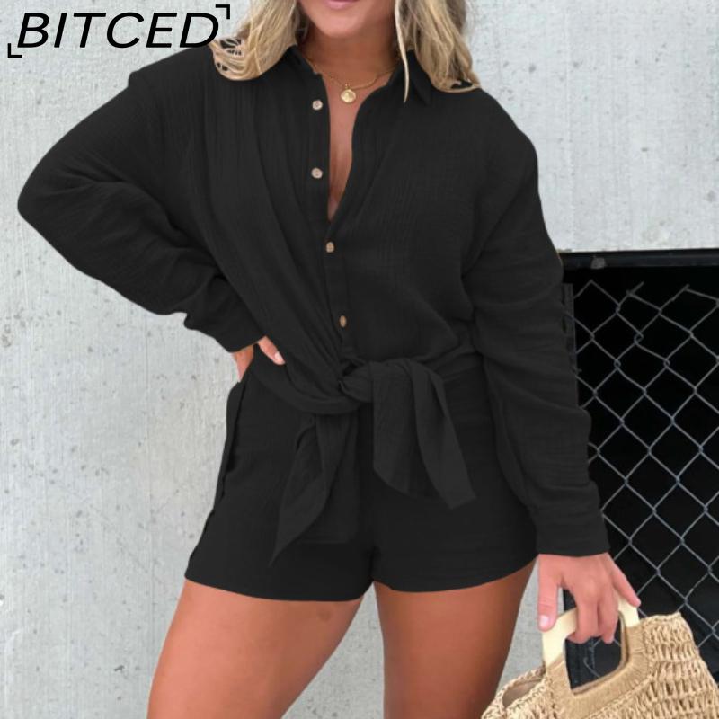 BITCED Женская рубашка из мятой ткани с длинным рукавом и шортами с высокой талией, модный повседневный комплект из двух предметов