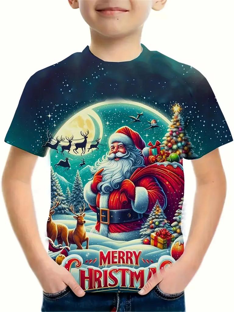 Рождественская одежда 2025 года Футболки для мальчиков и девочек Новогодние футболки Повседневная детская одежда с принтом Санта-Клауса Футболка