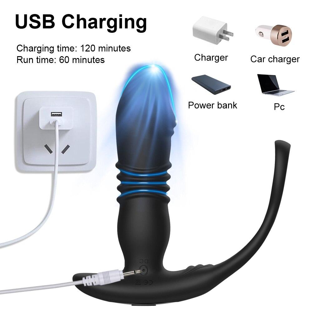 Silicone Anal Vibrator Push Prostate Stimulator Massager Delay Ejaculation Lock Ring Anal Butt Plug Sex Toys Dildo for Men