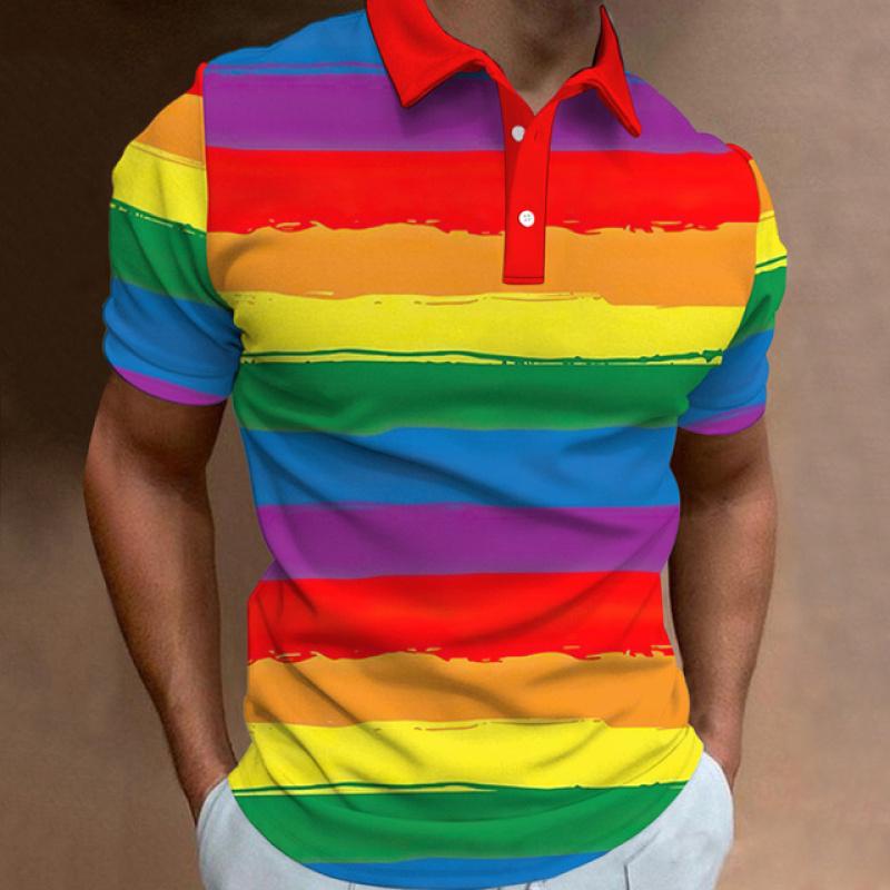New Men'S Polo Shirt 3d Rainbow Printed Men Clothing Summer Casual Short Sleeved Loose Oversized Shirt Street Fashion Tops Tees