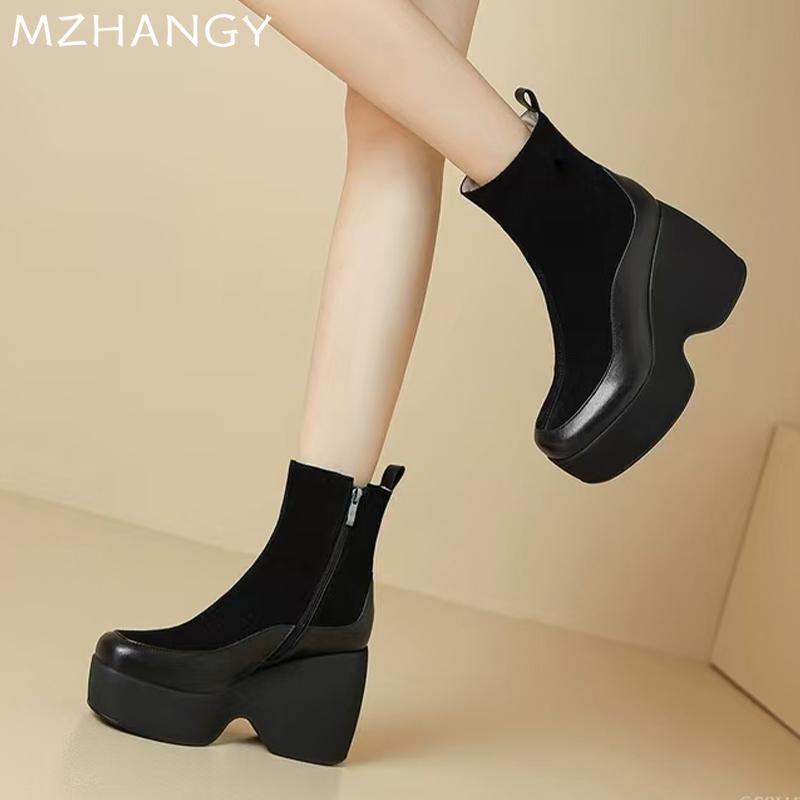 Женские замшевые ботильоны на платформе и высоком каблуке, женская обувь 2025 года, модные зимние туфли-лодочки для ходьбы, новые зимние ботинки Mujer Botas