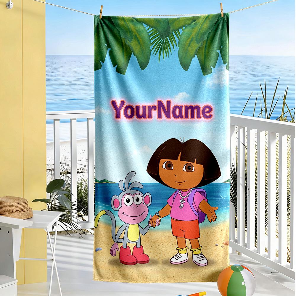 Dora Explorer Customize Text Beach Towel Super Soft & Absorbent Suitable for Swimming Gym Camping Yoga Vacation
