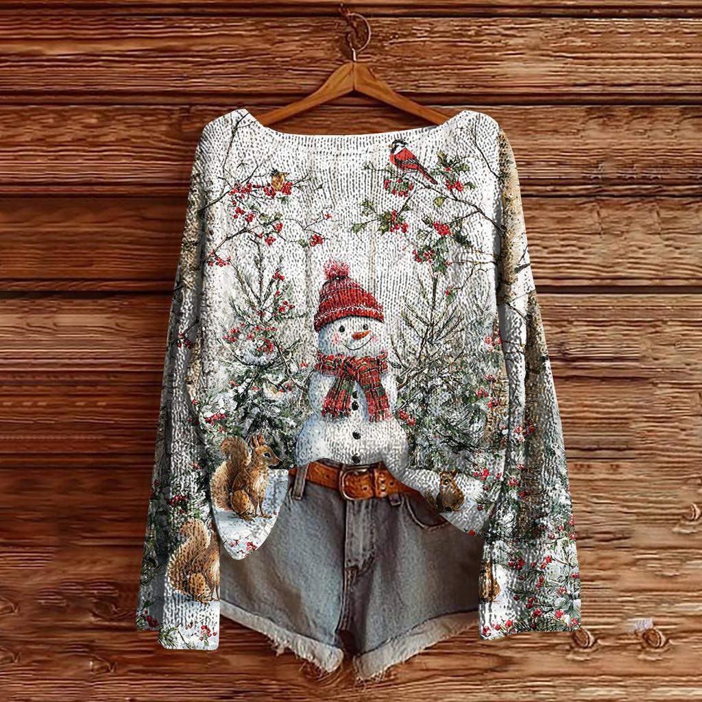 Women's Christmas Print Lightweight Sweater Casual Long Sleeve Knitted Pullover