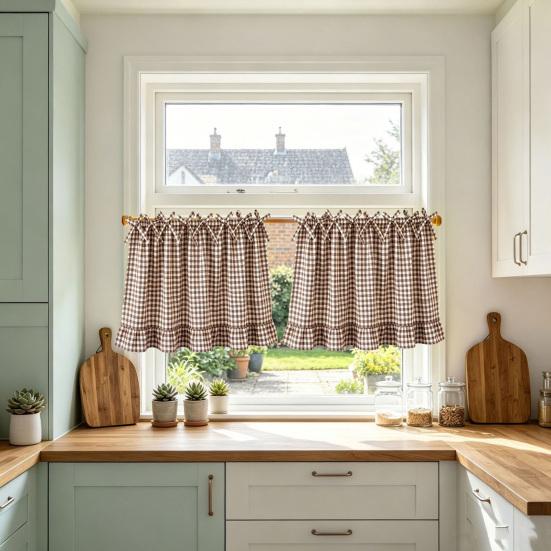 Decorative Window Hanging Buffalo Plaid Oven Curtain Skirt, Door with Ribbon Bows, Rustic Modern Kitchen Decor Half Drapes for Farmhouse Sink,