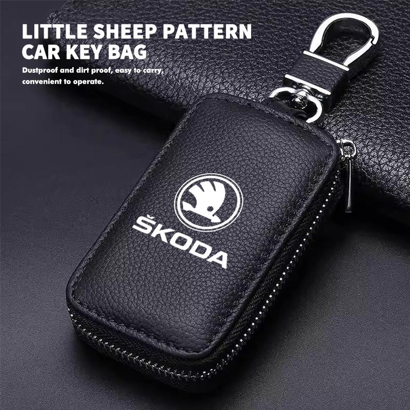 TTJJ2 Car Key Bag Zipper Case PU Leather Anti-Theft Key Fob Pouch For Skoda Fabia 1 2 Octavia a7 RS Superb Rapid Yeti Karoq Vision