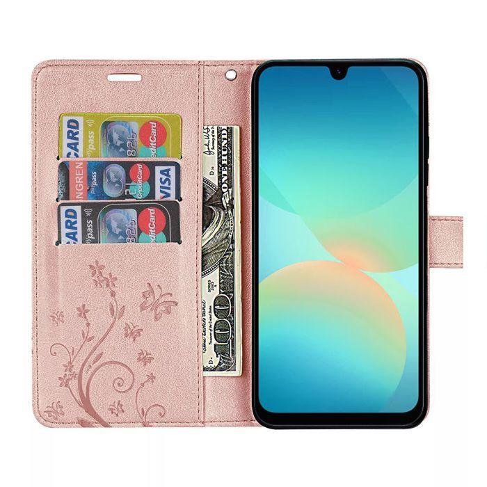 Coque pour Samsung Galaxy A27 5G, Protection Rabat Anti-Rayures Synthécuir Relief Floral - Rose